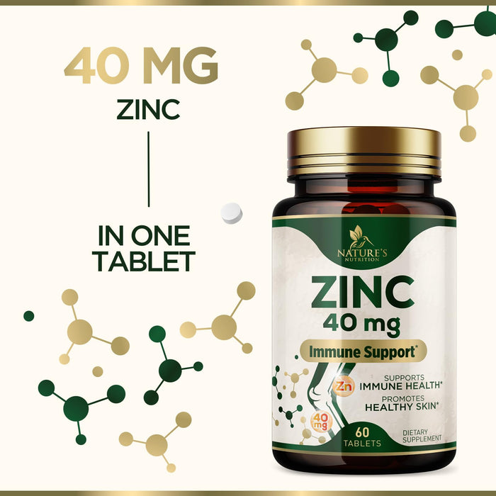 Zinc 40mg Supplements for Women and Men, Supplement for Immune Health Support, Skin Health Support, & Antioxidant Supplement for Adults with Zinc Gluconate 40 mg, High Potency, Non-GMO
