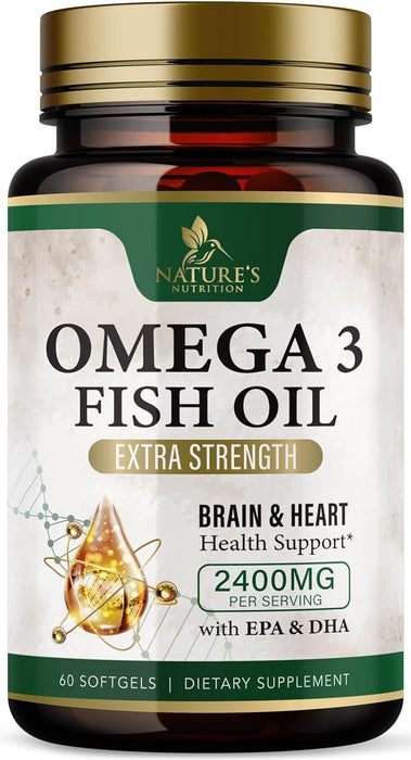 Fish Oil 2400 mg with Omega 3 EPA & DHA - Triple Strength Omega 3 Supplement - Omega 3 Fish Oil Supports Heart Health, Nature's Brain & Immune Support - Non-GMO Fish Oil Supplements