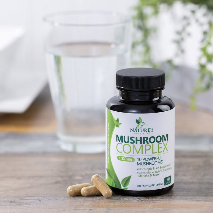 Mushroom Supplement Nootropic 1330mg - 10 in 1 High Strength Brain Supplements Mushroom Complex with Lions Mane, Turkey Tail, Reishi, Cordyceps & Chaga for Memory, Brain & Focus Support - 60 Capsules