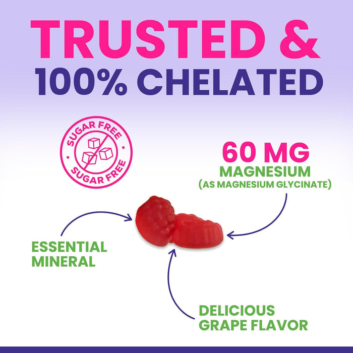 Magnesium Glycinate Supplement Gummies - Magnesium Supplement with Bone Muscle & Heart Health Support - Gentle on Stomach & Chelated for Max Absorption - Non-GMO Grape Flavor & Sugar Free