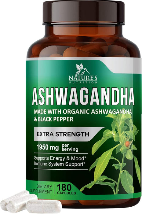 Nature's Nutrition Organic Ashwagandha Capsules Extra Strength 1950mg - Stress Support Formula - Natural Mood Support - Focus & Energy Support Supplement