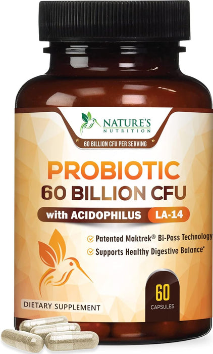 Probiotic for Digestive Health - 60 Billion CFU Daily Probiotics & Prebiotics Supplement with Acidophilus - Immune Support for Women & Men - Shelf Stable, Soy, Dairy & Gluten Free