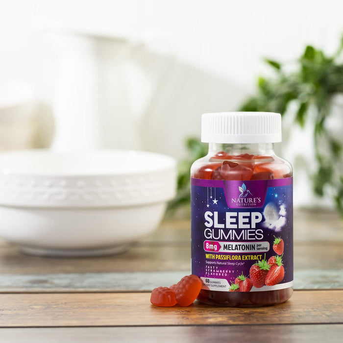 Melatonin Sleep Gummies - 8 mg Melatonin Extra Strength with 20mg Passiflora Sleeping Gummy Supplements, Sleep Gummies for Adults, Occasional Sleeping Support Supplement, Non-Habit Forming - 60 Count