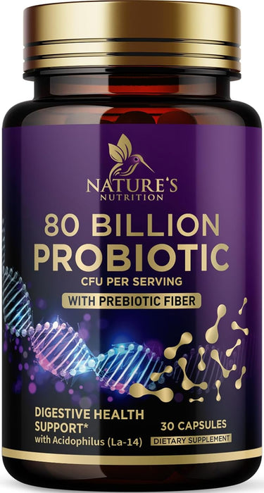 Nature's Nutrition Probiotics 80 Billion CFU + Prebiotics, Acidophilus Probiotic Supports Immune System & Digestive Health, Supports Occasional Constipation, Supplement for Women Feminine Health