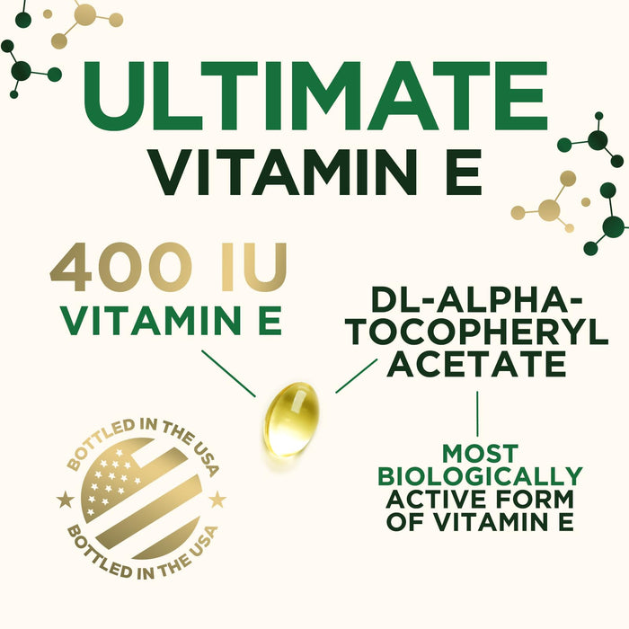 Vitamin E 400 IU Softgels (180mg DL-Alpha) for Women & Men, Supplement for Max Absorption, Nature's Antioxidant for Skin, Heart, Eye, and Immune Health Support, Dairy, Gluten & Soy Free