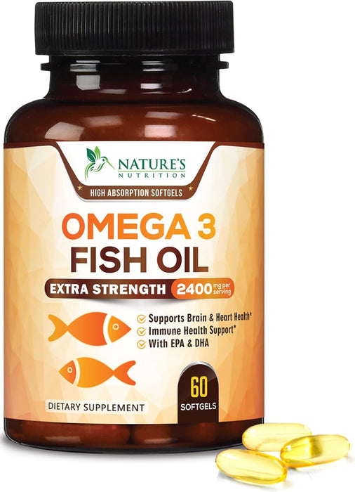 Fish Oil 2400 mg with Omega 3 EPA & DHA - Triple Strength Omega 3 Supplement - Omega 3 Fish Oil Supports Heart Health, Nature's Brain & Immune Support - Non-GMO Fish Oil Supplements