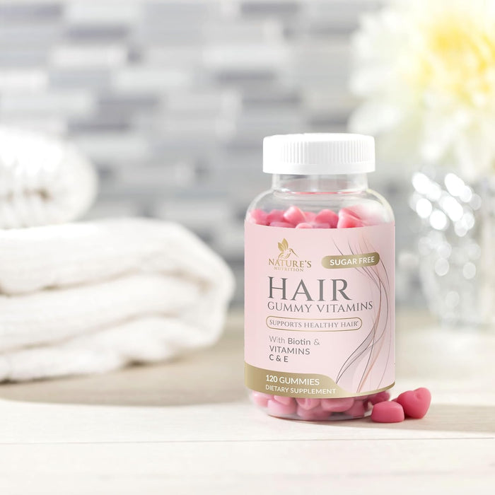 Sugar Free Hair Vitamins Gummies with Biotin 5000 mcg, Vitamin A, B12, C, D, E, Folic Acid, Supports Hair Growth Gummy, Vegetarian Friendly, Supports Strong Beautiful Hair and Nails