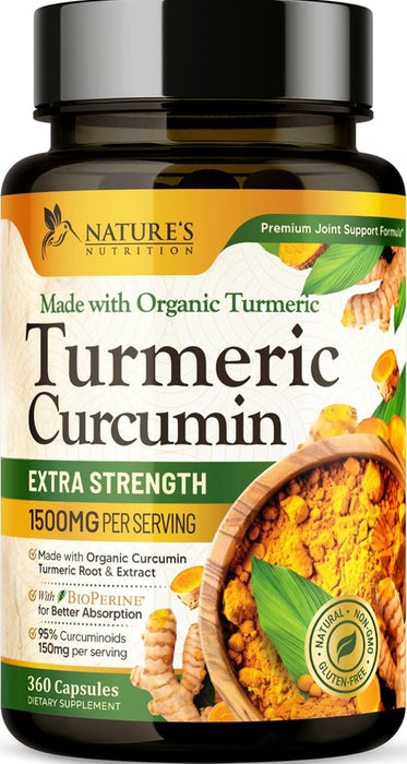Turmeric Curcumin Supplement 1500mg - Organic Tumeric & BioPerine Black Pepper for Best Absorption with 95% Curcuminoids, Nature's Joint & Immune Support, Non-GMO, Bottled in USA