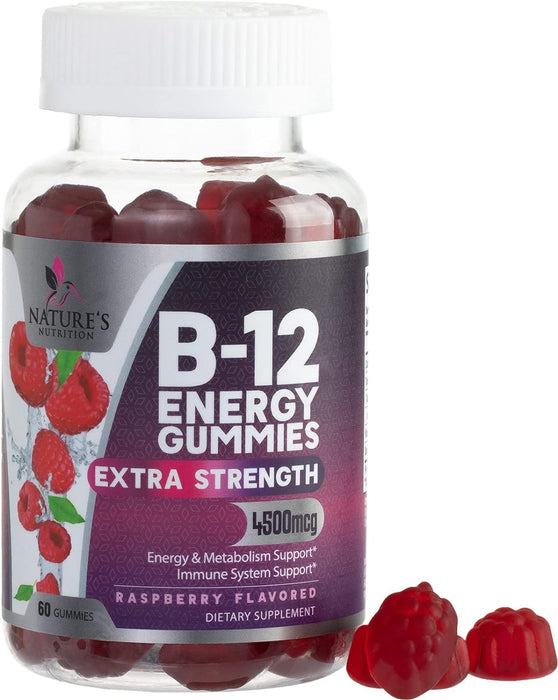 Nature's Nutrition Vitamin B12 Energy Gummies 4500 mcg for Metabolism & Nervous System Health Support, Berry Flavor Gummy B-12 Chewable Supplement for Men & Women, Caffeine Free, Vegan