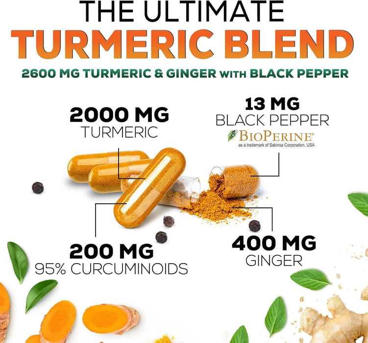 Turmeric Curcumin Supplement 2600mg with Organic Ginger & Turmeric, BioPerine Black Pepper Extract 95% Curcuminoids - Advanced Absorption Joint & Antioxidant Extra Strength Support - 60 Capsules