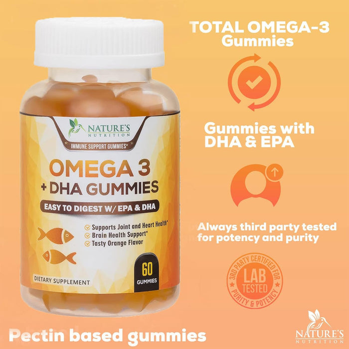 Omega 3 Fish Oil Gummies, Heart Healthy Omega 3 Supplement with High Absorption DHA & EPA, Extra Strength Joint & Brain Support, Omega 3 Fish Oil Nature's Gummy Vitamin, Orange Flavo
