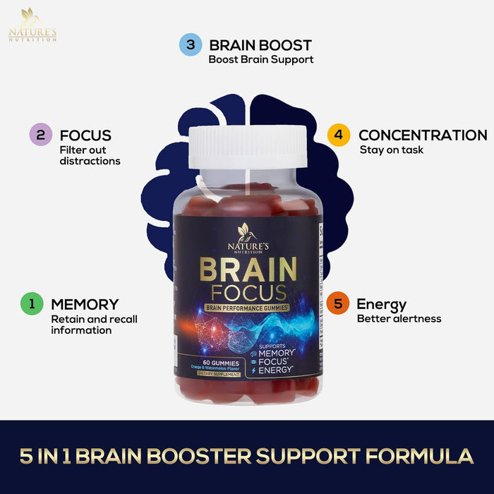 Brain Supplement Gummies for Focus & Memory Support - Nootropic Brain Vitamin Gummy to Support Concentration, Brain Health & Energy with B12, Phosphatidylserine, Brain Memory Supplements - 60 Gummies