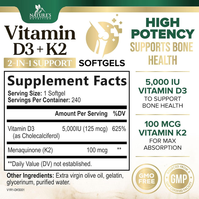 Vitamin D3 K2, 5000 IU Vitamin D3 & 100 mcg Vitamin K2 MK-7 Supplement Supports Immune Health, Bone, Heart & Calcium Absorption - Extra Virgin Olive Oil Softgel, Vitamins D & K Complex