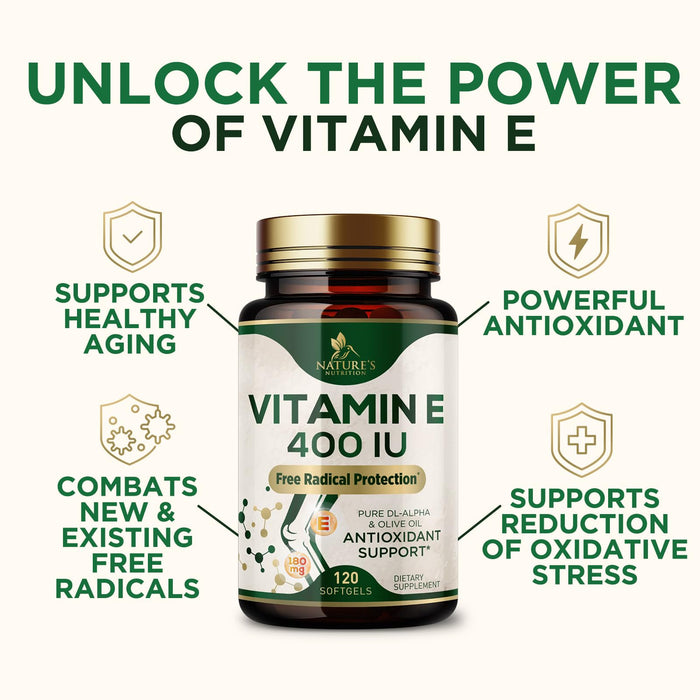 Vitamin E 400 IU Softgels (180mg DL-Alpha) for Women & Men, Supplement for Max Absorption, Nature's Antioxidant for Skin, Heart, Eye, and Immune Health Support, Dairy, Gluten & Soy Free