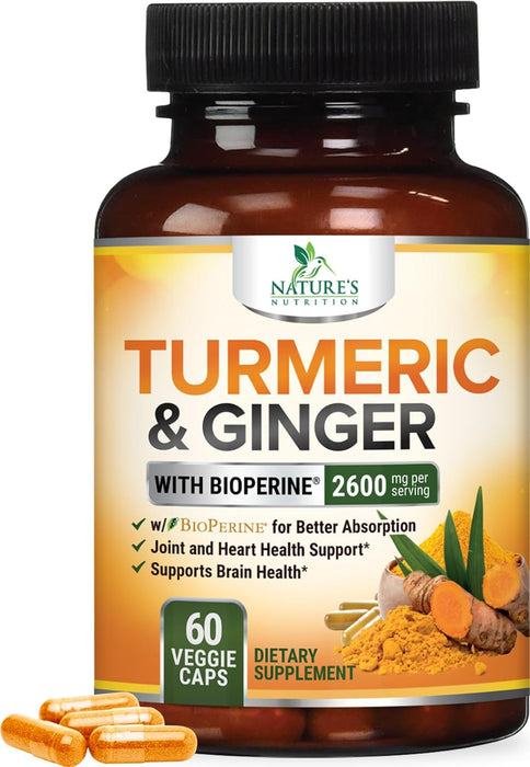 Turmeric Curcumin with BioPerine & Ginger 95% Standardized Curcuminoids 2600mg Black Pepper for Max Absorption Joint Support, Nature's Tumeric Herbal Extract Supplement, Vegan, Non-GMO