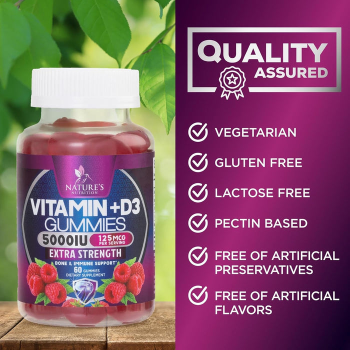 Vitamin D3 Gummies Extra Strength 5000 IU (125 mcg) - Raspberry Flavor Gummy Vitamins - Vitamin D Dietary Supplement for Bone, Teeth, Muscle & Immune Health Support, Non-GMO, Gluten Free