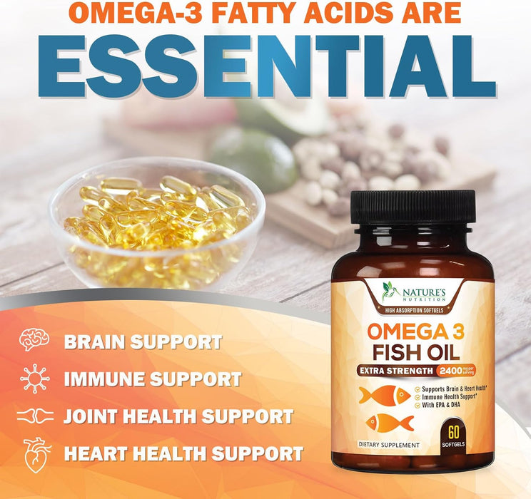 Fish Oil 2400 mg with Omega 3 EPA & DHA - Triple Strength Omega 3 Supplement - Omega 3 Fish Oil Supports Heart Health, Nature's Brain & Immune Support - Non-GMO Fish Oil Supplements