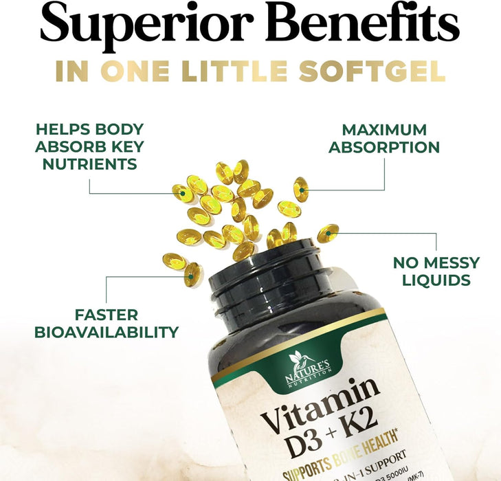 Vitamin D3 K2, 5000 IU Vitamin D3 & 100 mcg Vitamin K2 MK-7 Supplement Supports Immune Health, Bone, Heart & Calcium Absorption - Extra Virgin Olive Oil Softgel, Vitamins D & K Complex