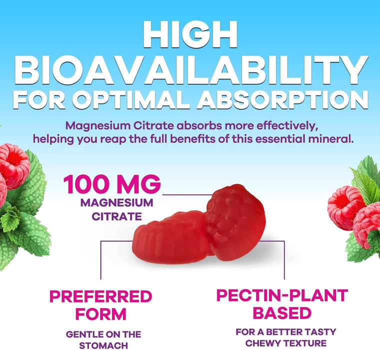 Magnesium Gummies, High Absorption 100mg - Natural Calm Relaxation and Stress Support for Adults and Kids - Gentle Chewable Magnesium Citrate Gummy