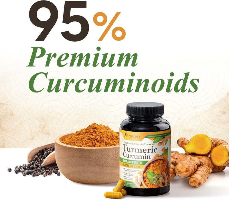Turmeric Curcumin Supplement 1500mg - Organic Tumeric & BioPerine Black Pepper for Best Absorption with 95% Curcuminoids, Nature's Joint & Immune Support, Non-GMO, Bottled in USA