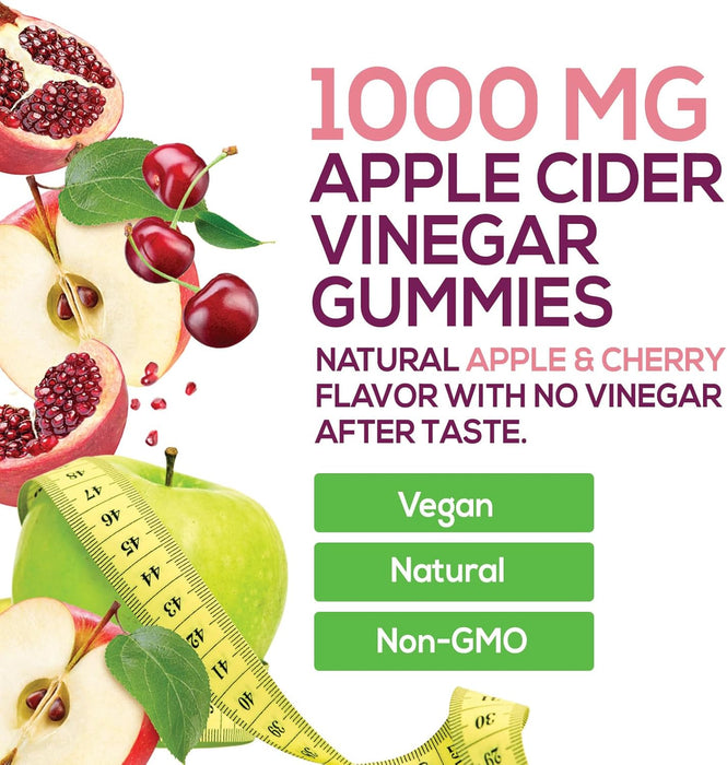 Vegan Apple Cider Vinegar Gummies | Max Strength 1000mg | Gelatin-Free, Vegan, Non-GMO, Made with Beet Root & Vitamin B12 for Energy - Supports Digestion, Detox and Cleanse Support