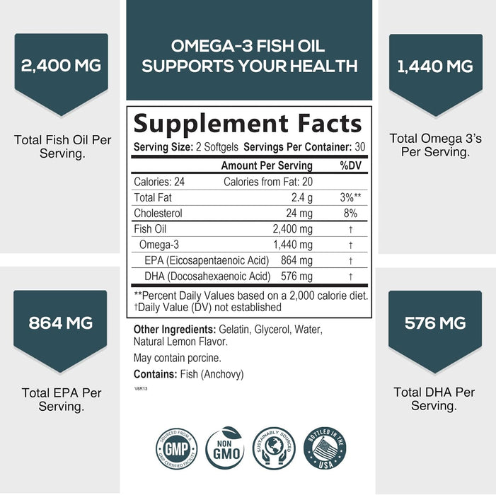 Fish Oil 2400 mg with Omega 3 EPA & DHA - Triple Strength Omega 3 Supplement - Omega 3 Fish Oil Supports Heart Health, Nature's Brain & Immune Support - Non-GMO Fish Oil Supplements