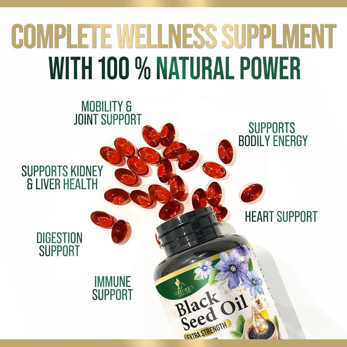 Black Seed Oil Capsules 1000mg - Vegan Cold-Pressed Nigella Sativa Black Seed Oil, Nature's Pure Black Cumin Seed Oil for Immune, Hair and Brain Support, Non-GMO