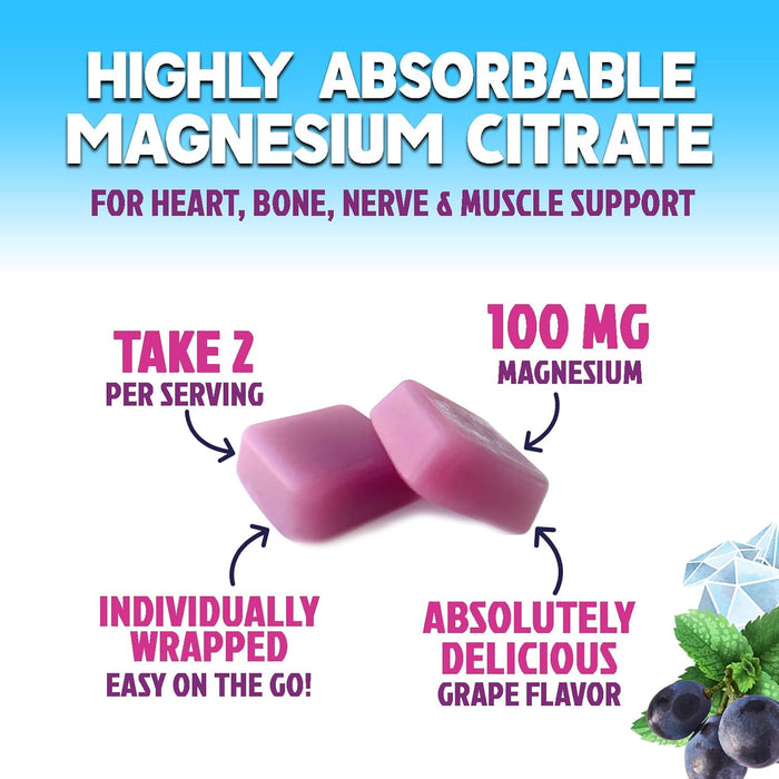 Magnesium Supplement Chews with High Absorption Magnesium Citrate for Heart, Bone, Muscle, & Nerve Health Support, Calm Magnesium Chews, Vegan Magnesium Chewable, Grape Flavor