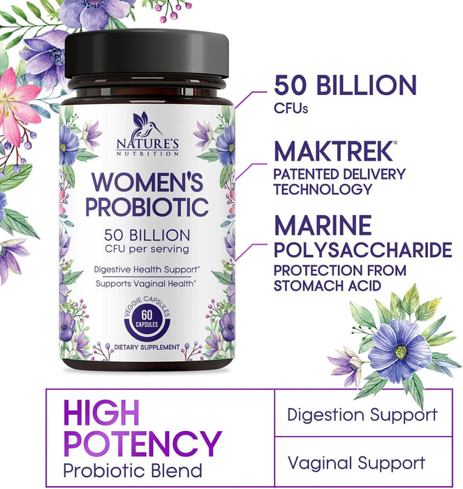 Probiotics for Women 4-in-1, 50 Billion CFU + Prebiotics, Vaginal Women's Probiotic for Digestive, pH, Urinary & Immune Health Support, No Gluten, Shelf Stable Probiotic Supplement