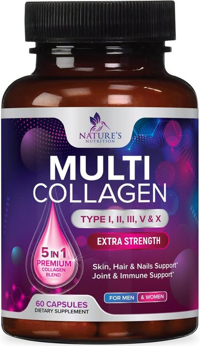 Collagen for Women & Men - Type I, II, III, V, X Collagen PillsComplex, Grass Fed Non-GMO, Nature's Hydrolyzed Multi Collagen Peptides Supplement, Hair, Skin, Nail, Joint Health Support