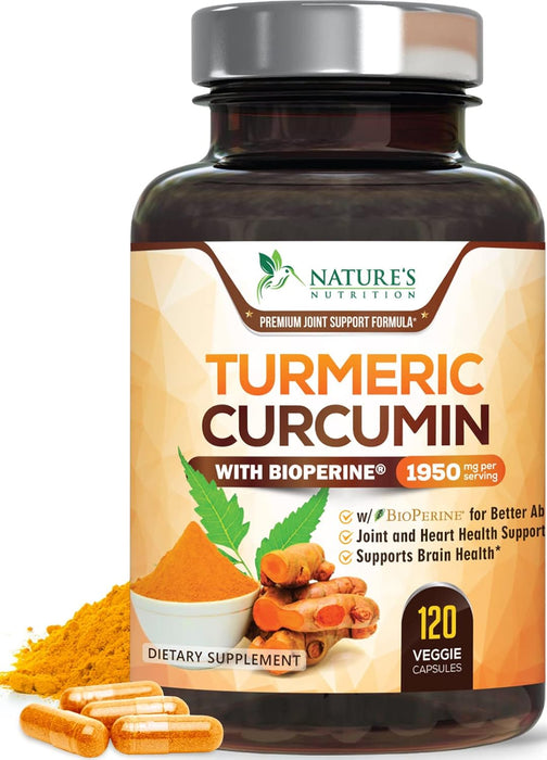 Turmeric Curcumin with BioPerine 95% Standardized Curcuminoids 1950mg - Black Pepper Extract for Max Absorption, Nature's Joint Support Supplement, Herbal Turmeric Pills, Vegan Non-GMO