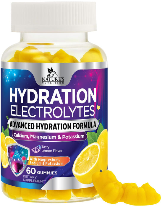 Hydration Electrolyte Gummies - Daily Liquid Replenisher Gummy - Electrolyte Multiplier with Minerals, Potassium & Real Salt - Vegan, Non-GMO - Tasty Lemon Flavor Hydration Electrolytes - 60 Gummies