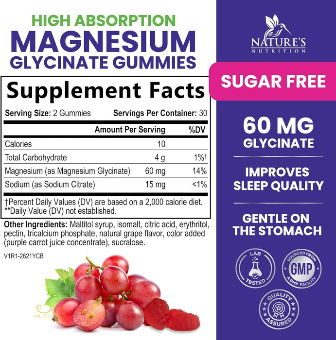 Magnesium Glycinate Supplement Gummies - Magnesium Supplement with Bone Muscle & Heart Health Support - Gentle on Stomach & Chelated for Max Absorption - Non-GMO Grape Flavor & Sugar Free