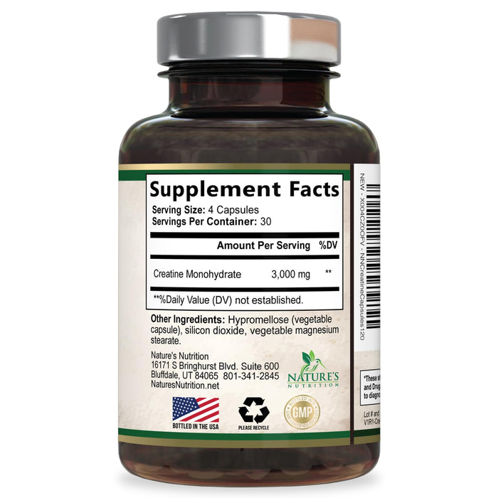 Creatine Monohydrate Capsules 3000mg â€“ Best Micronized Creatine Powder - Supports Lean Muscle, Strength, Energy, & Endurance - Nature's Supplement, Non-GMO, Gluten Free for Women & Men - 120 Capsules