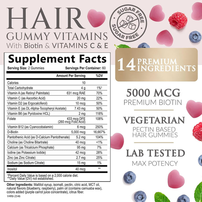 Sugar Free Hair Vitamins Gummies with Biotin 5000 mcg, Vitamin A, B12, C, D, E, Folic Acid, Supports Hair Growth Gummy, Vegetarian Friendly, Supports Strong Beautiful Hair and Nails