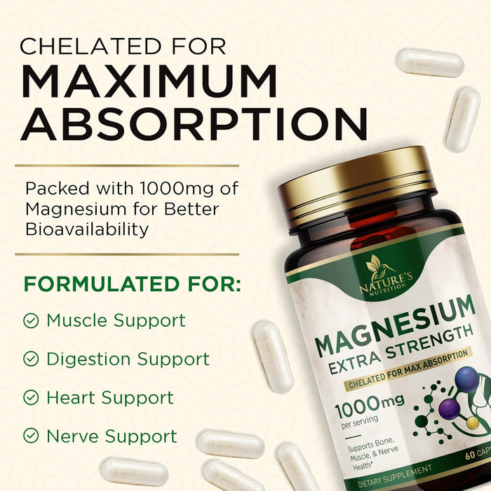 Magnesium Pills Extra Strength 1000mg - Chelated for Ultra Absorption, Magnesium Supplement for Bone, Muscle Health & Heart Support, Nature's Citrate Oxide Magnesio Vitamins, Non-GMO