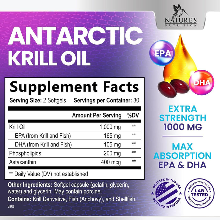 Krill Oil Omega 3 Supplement 1000 mg - Antarctic Krill Oil with Omega-3 EPA, DHA with Astaxanthin Sourced from Red Krill, Brain Health & Immune Support with Phospholipids