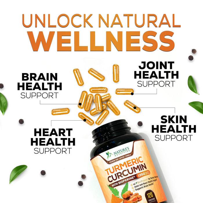 Turmeric Curcumin Supplement 1950mg - 95% Curcuminoids with Organic Turmeric & BioPerine Black Pepper Extract for Best Absorption, Nature's Vegan Joint Support, Non-GMO, Bottled in USA - 120 Capsules