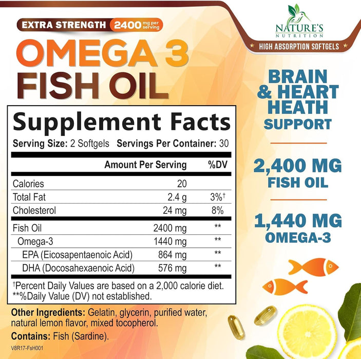 Fish Oil 2400 mg with Omega 3 EPA & DHA - Triple Strength Omega 3 Supplement - Omega 3 Fish Oil Supports Heart Health, Nature's Brain & Immune Support - Non-GMO Fish Oil Supplements