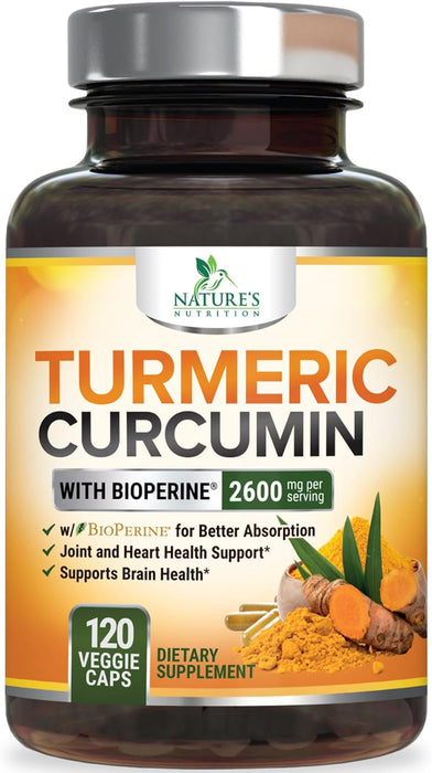 Turmeric Curcumin Supplement with BioPerine 95% Curcuminoids 2600mg with Black Pepper for Best Absorption, Bottled in USA, Best Natural Vegan Joint Support, Nature's Tumeric Capsules