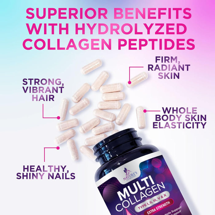 Collagen for Women & Men - Type I, II, III, V, X Collagen PillsComplex, Grass Fed Non-GMO, Nature's Hydrolyzed Multi Collagen Peptides Supplement, Hair, Skin, Nail, Joint Health Support