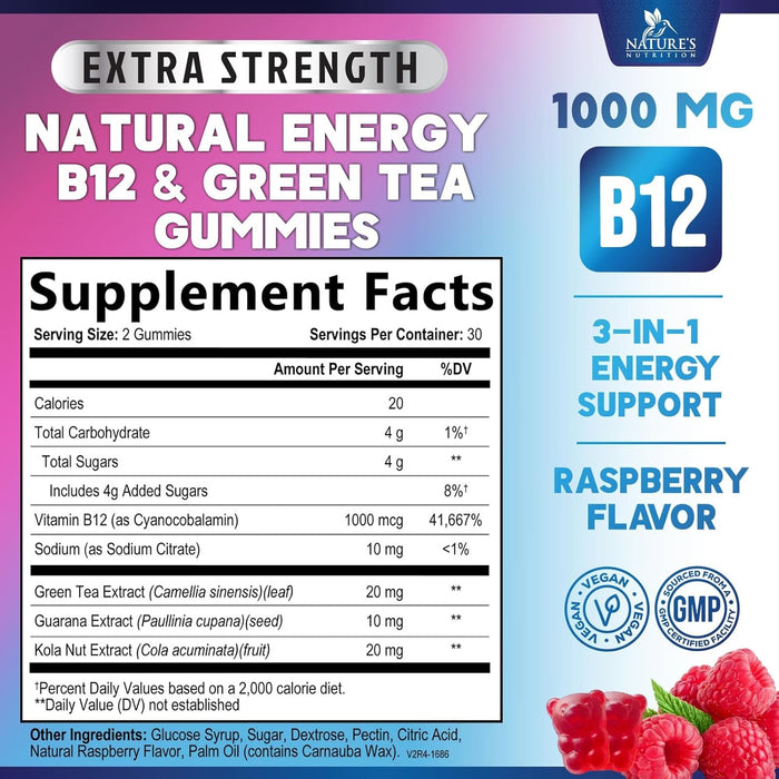 Energy Gummies Vitamin B12, Green Tea and Guarana Extract, Daily Energy Vitamin Supplement, Delicious Raspberry Flavor Gummy Chewable Supplement for Men and Women, Non-GMO and Vegan