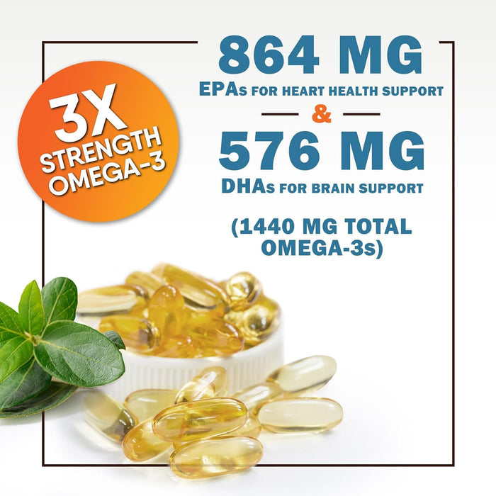 Omega 3 Fish Oil 2400 mg – Triple Strength EPA & DHA Fatty Acids for Heart, Brain & Joint Support – Wild-Caught, Burpless, Lemon Flavor Supplement – Natural, Non-GMO, Gluten-Free – 60 Softgels