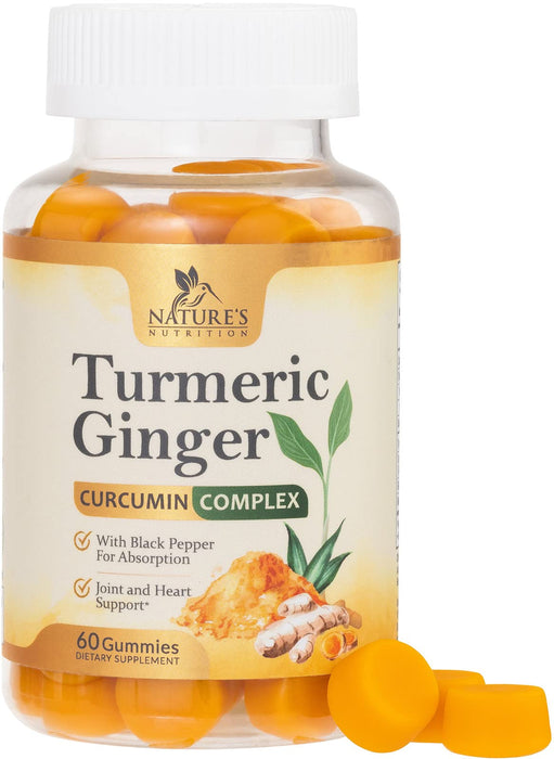 Turmeric Gummies with Black Pepper & Ginger for Best Absorption, 95% Curcuminoids Tumeric Curcumin Gummy, Nature's Herbal Extract Joint Support Supplement, Vegan Non-GMO, Peach Flavor - 60 Gummies