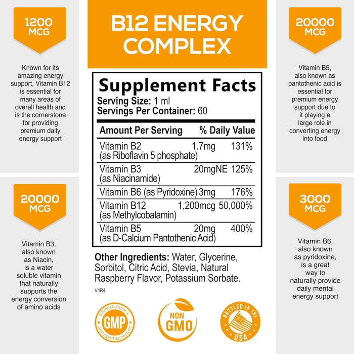 Vitamin B12 Energy Drops 1200 mcg - Extra Strength Vitamin B-12 Dietary Supplement for Energy, Liquid Methylcobalamin B12 Vitamins for Adults, Gluten-Free Vitamin B 12 Over 1000 mcg - 2 Fl Oz
