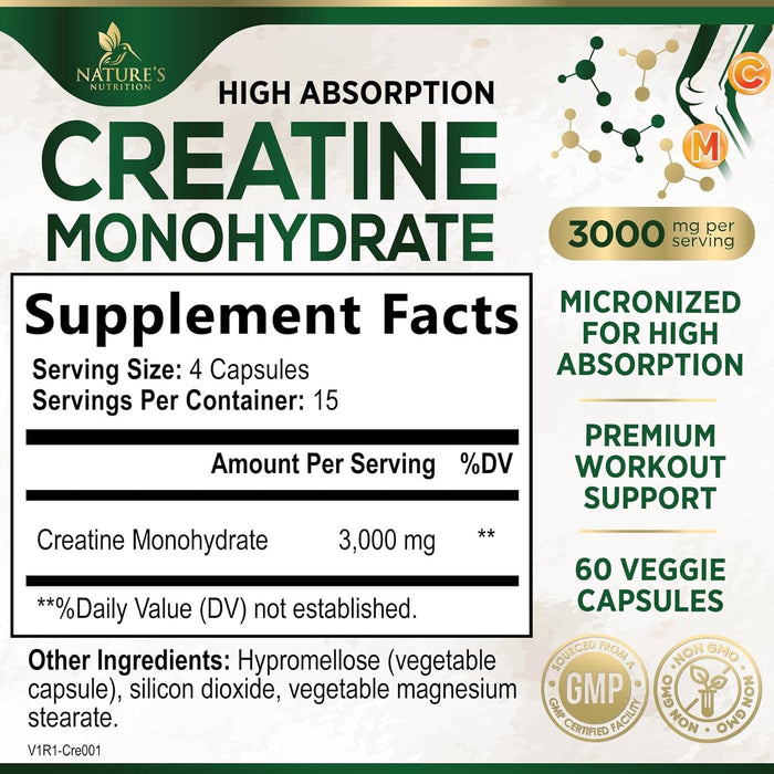 Creatine Monohydrate Capsules 3,000mg Micronized Creatine Supplement Support for Lean Muscle Strength & Endurance, Creatine Pills for Women & Men, Unflavored Tablets Non-GMO Gluten Free