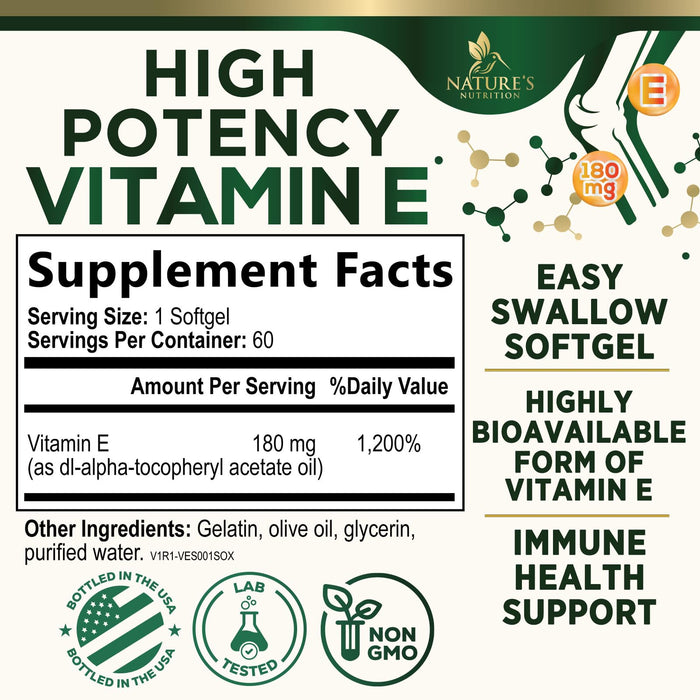 Vitamin E 400 IU Softgels (180mg DL-Alpha) for Women & Men, Supplement for Max Absorption, Nature's Antioxidant for Skin, Heart, Eye, and Immune Health Support, Dairy, Gluten & Soy Free