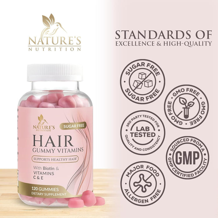 Sugar Free Hair Vitamins Gummies with Biotin 5000 mcg, Vitamin A, B12, C, D, E, Folic Acid, Supports Hair Growth Gummy, Vegetarian Friendly, Supports Strong Beautiful Hair and Nails