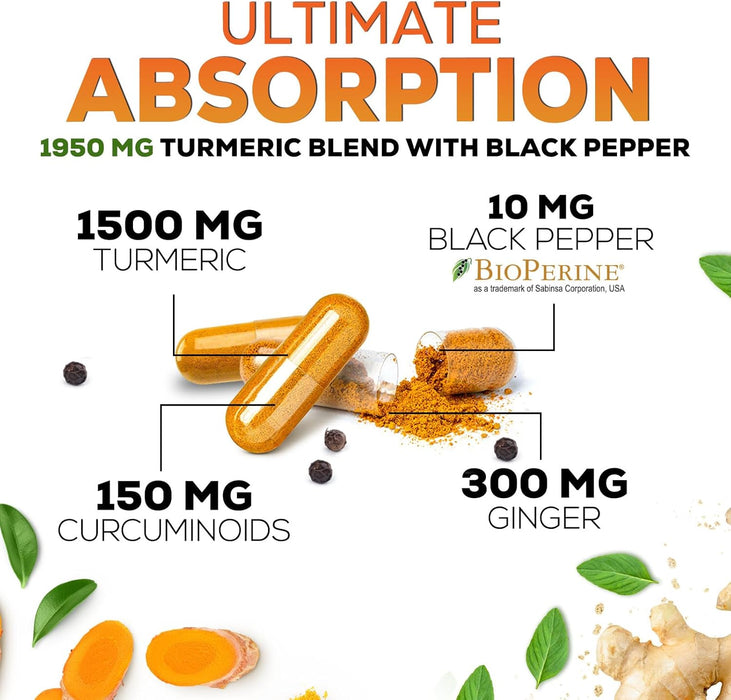 Turmeric Curcumin Supplement 1950mg - 95% Curcuminoids with Organic Turmeric & Ginger, BioPerine Black Pepper for Best Absorption, Nature's Vegan Joint Support, Non-GMO, Bottled in USA - 120 Capsules