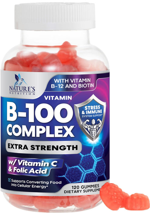 B Complex Supplement Gummies with Vitamin C & Folic Acid, Extra Strength Super Vitamin B Gummy with Niacin, B6, Folic Acid, B12, Biotin, Nature's Energy Immune Support Supplements - 120 Gummies
